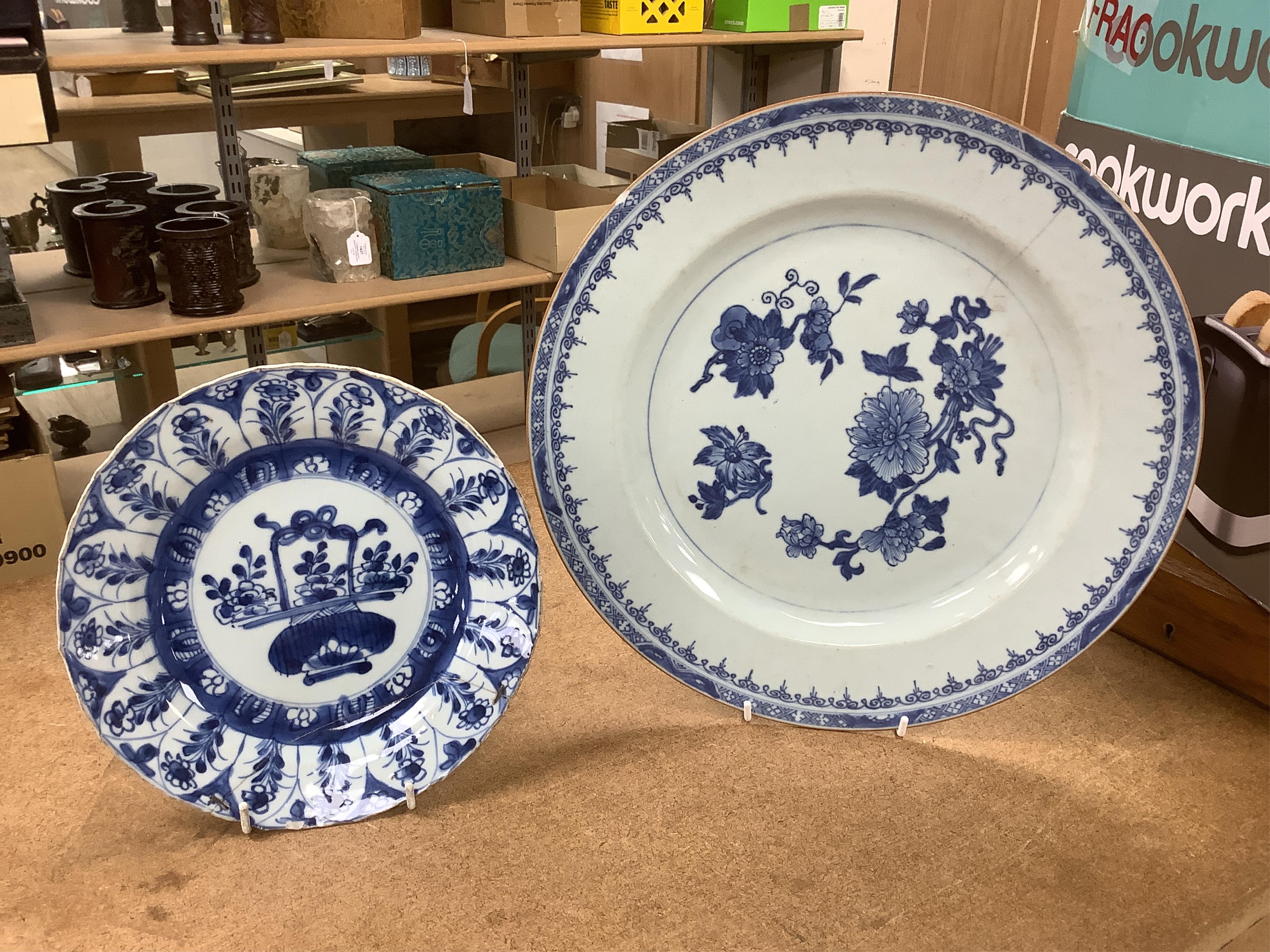 Six 18th century Chinese export blue and white plates, largest 32cm diameter. Condition - poor to fair